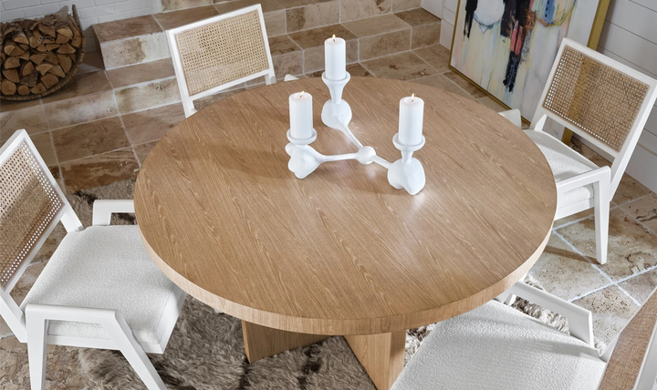 Universal Callon Round Dining Table With Half-Moon-Shaped Pedestals-Jennifer Furniture