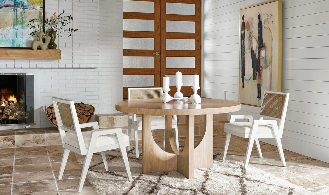 Universal Callon Round Dining Table With Half-Moon-Shaped Pedestals-Jennifer Furniture