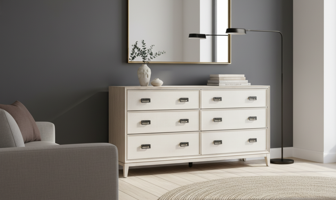 Place this dresser in a beautiful modern bedroom. The image should be horizontal, 3000 x 1784 and sharp-jennifer furniture