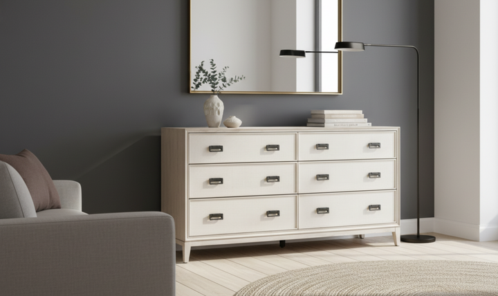 Place this dresser in a beautiful modern bedroom. The image should be horizontal, 3000 x 1784 and sharp-jennifer furniture