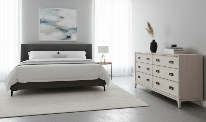 Place this dresser in a beautiful modern bedroom. The image should be horizontal, 3000 x 1784 and sharp-jennifer furniture