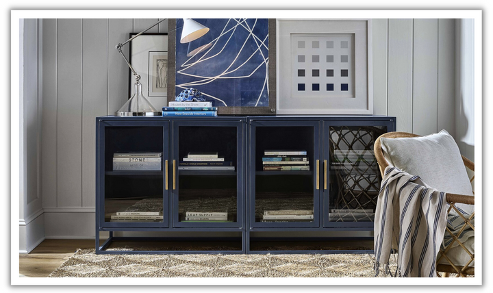 Universal Furniture Santorini Blue Metal Kitchen Cabinet with Clear Glass Doors