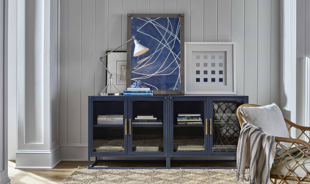 Universal Furniture Santorini Blue Metal Kitchen Cabinet with Clear Glass Doors