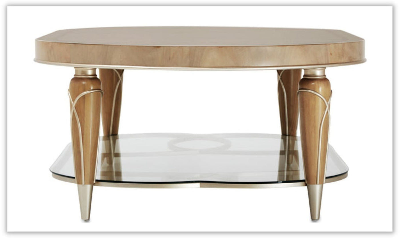 Villa Cherie Oval Wooden Cocktail Table in Caramel with Glass Shelf