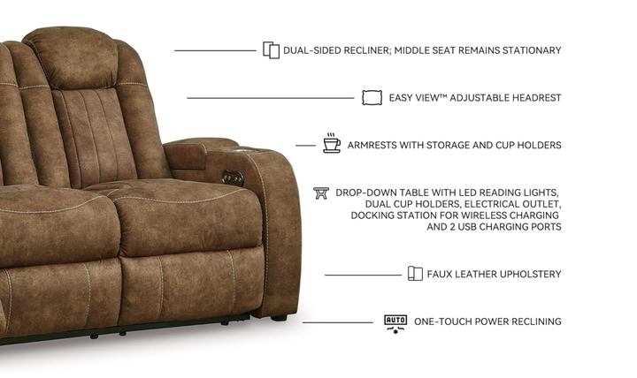 Wolfridge Leather 3 Seater Power Reclining Sofa with Adjustable Headrest - Jennifer Furniture