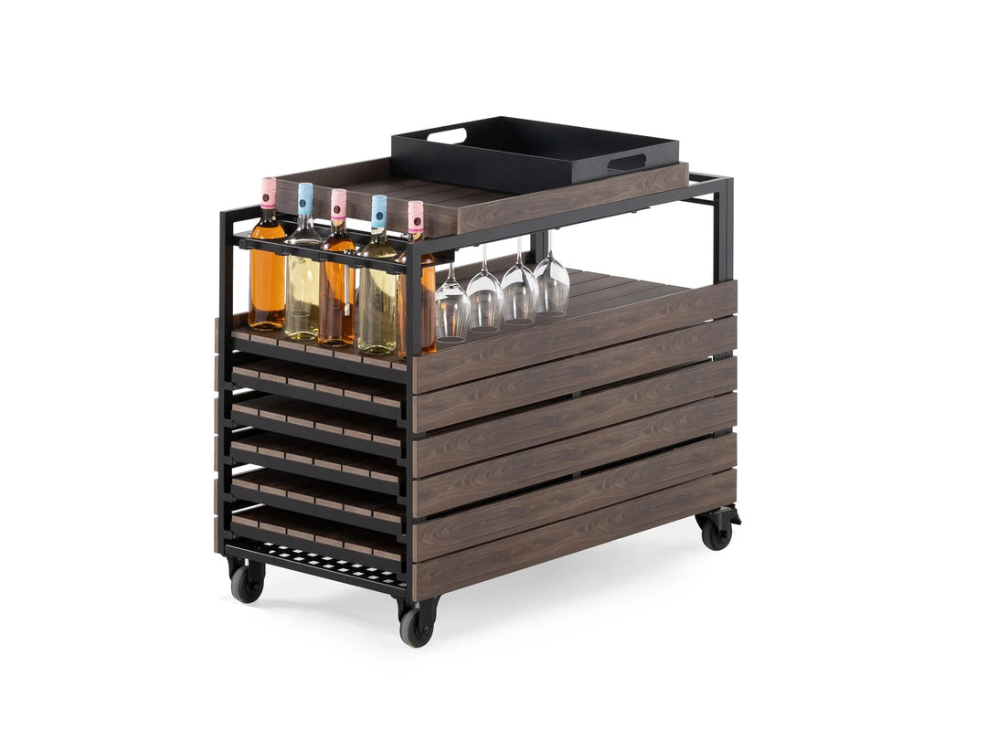 Transformer Table Outdoor Bar Cart with Panel Storage & Solid Wood Frame