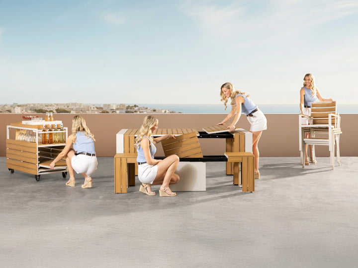 Transformer Table Outdoor Bar Cart with Panel Storage & Solid Wood Frame