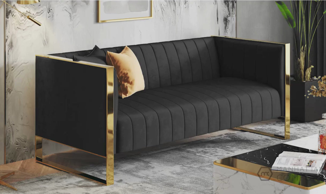 Manhattan Comfort Trillium Velvet 3-Seater Sofa With Gold-Finish Frame