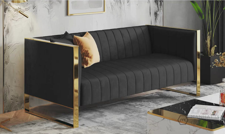 Manhattan Comfort Trillium Velvet 3-Seater Sofa With Gold-Finish Frame
