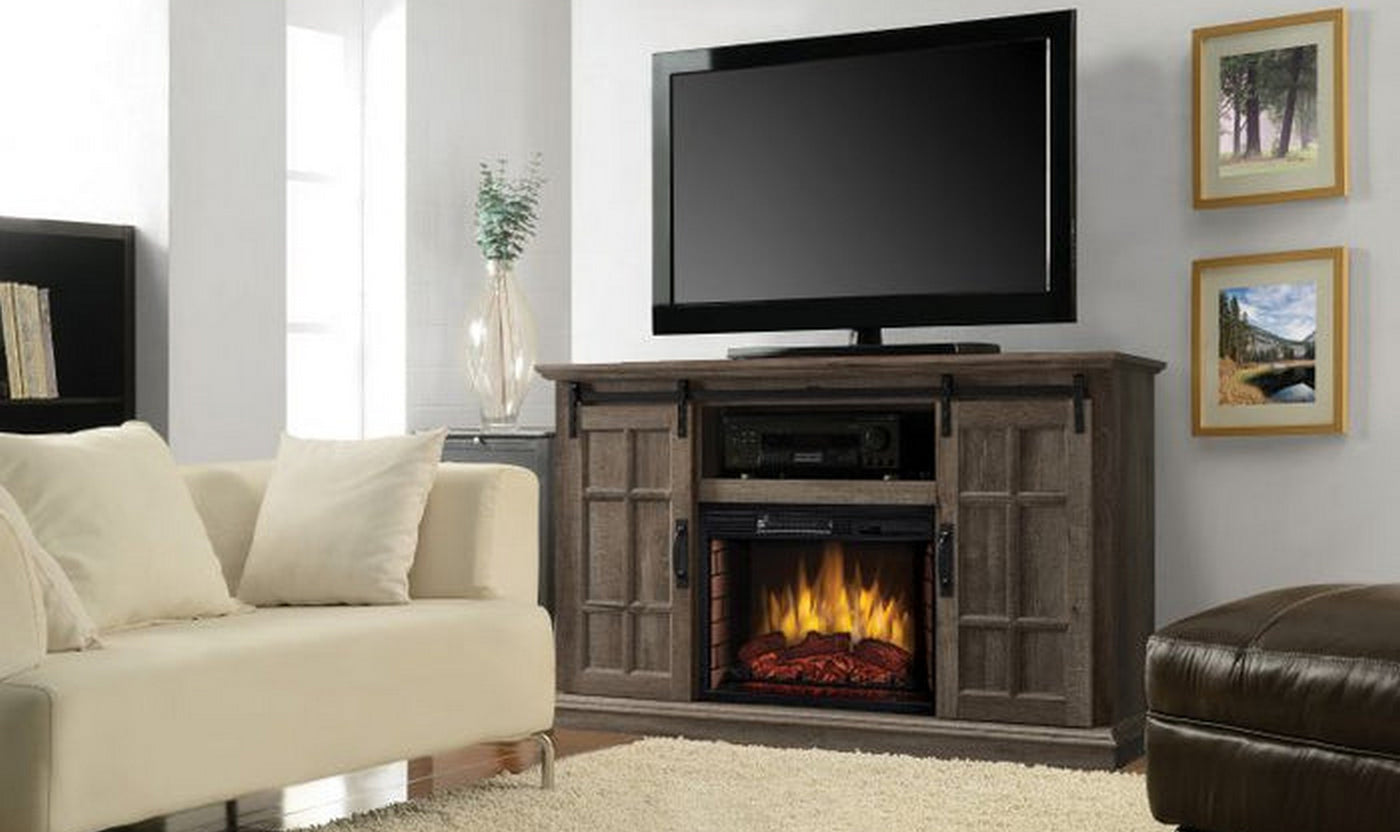 Heaven 55" TV Stand with Infrared Electric Fireplace in Aged Oak Finish