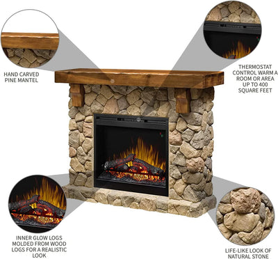 Fieldstone Natural Man-made Stone Mantel Fireplace with Log-Fireplaces-Jennifer Furniture