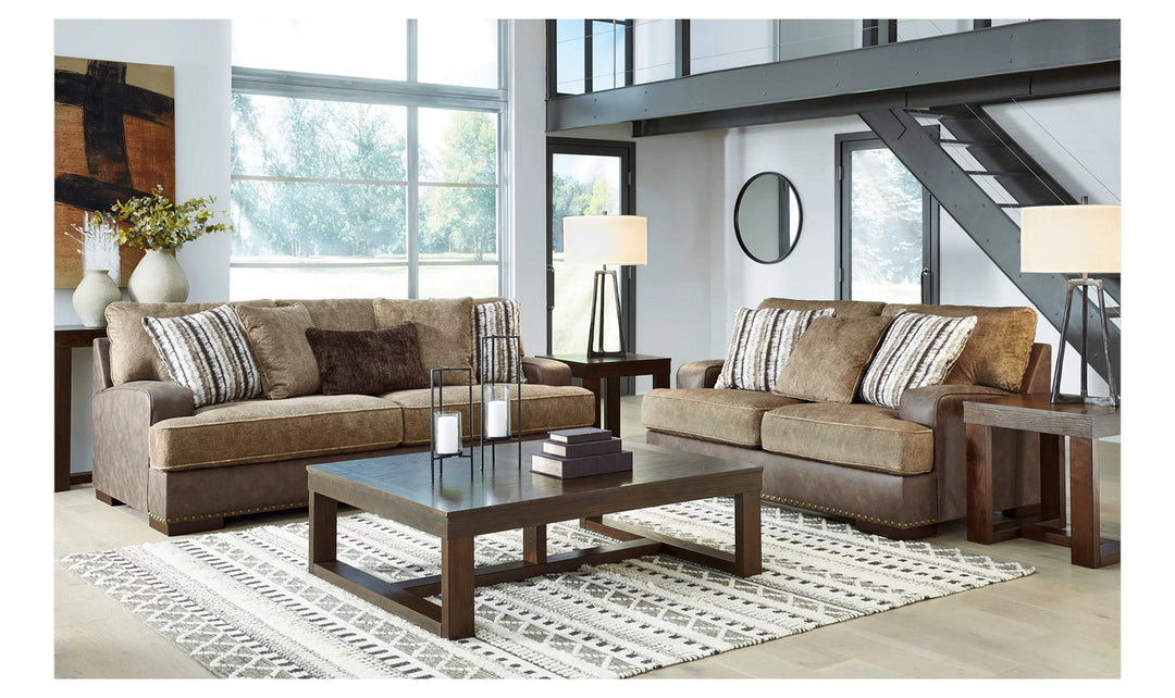 Modern Heritage Alesbury Brown Leather Loveseat with Bronze Nailhead Trim