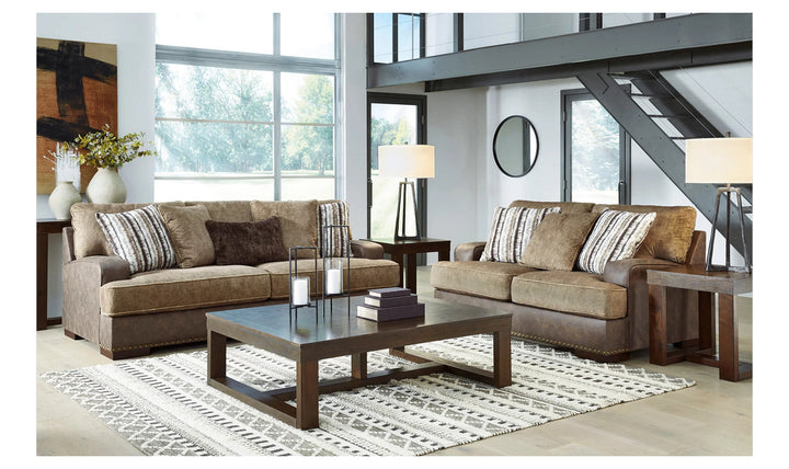 Modern Heritage Alesbury Brown Leather Loveseat with Bronze Nailhead Trim