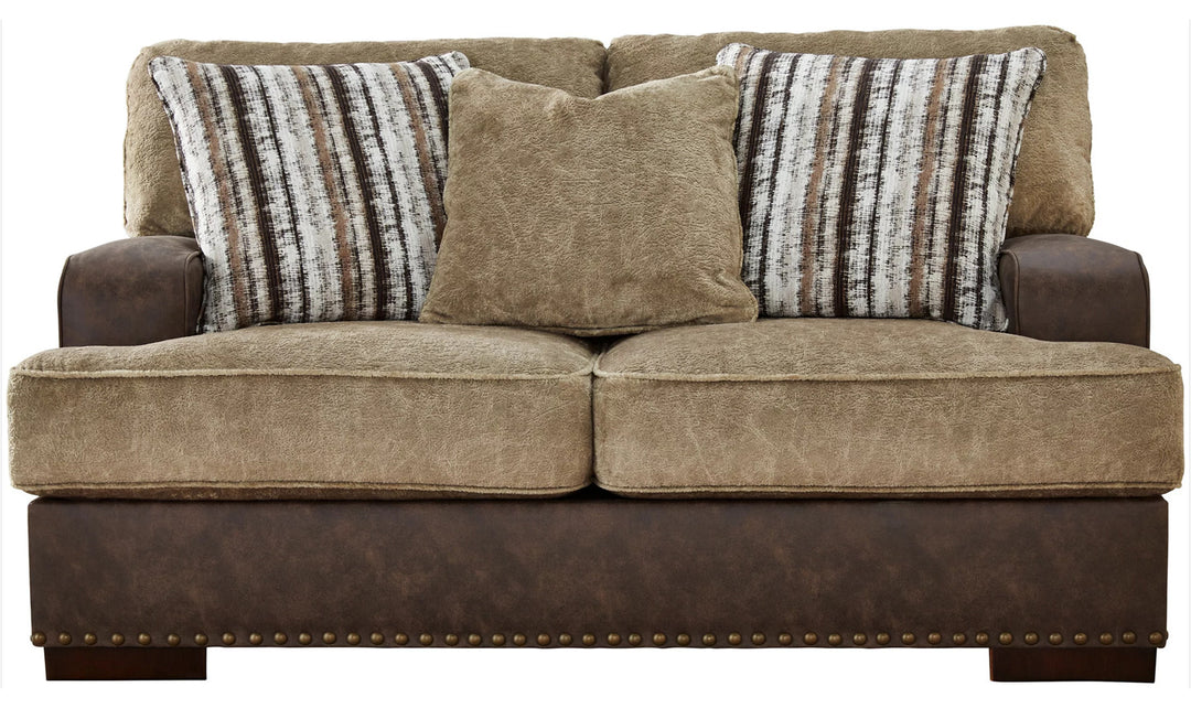 Modern Heritage Alesbury Brown Leather Loveseat with Bronze Nailhead Trim