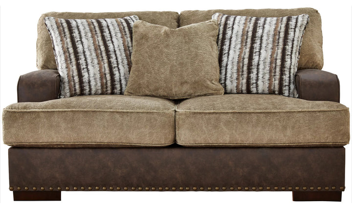 Modern Heritage Alesbury Brown Leather Loveseat with Bronze Nailhead Trim