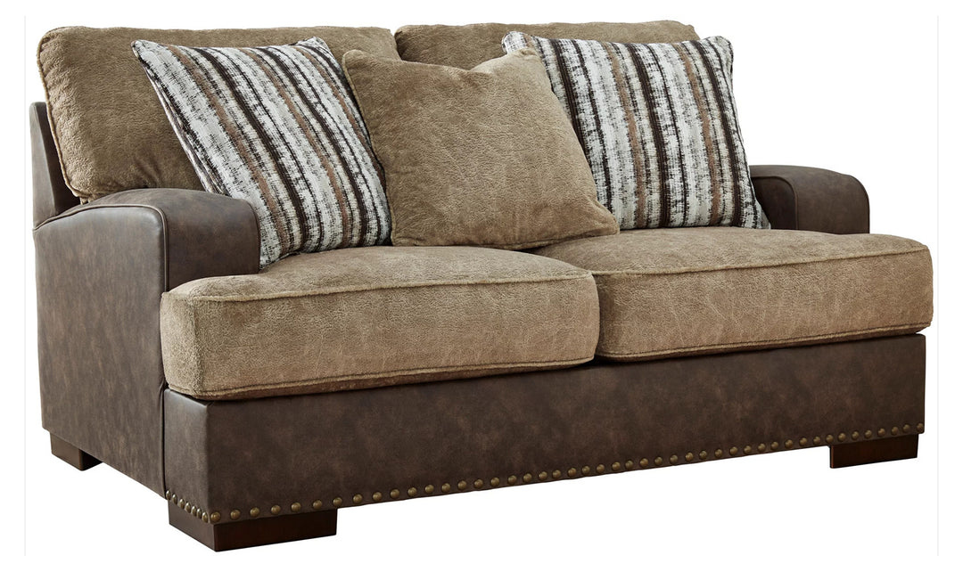 Modern Heritage Alesbury Brown Leather Loveseat with Bronze Nailhead Trim