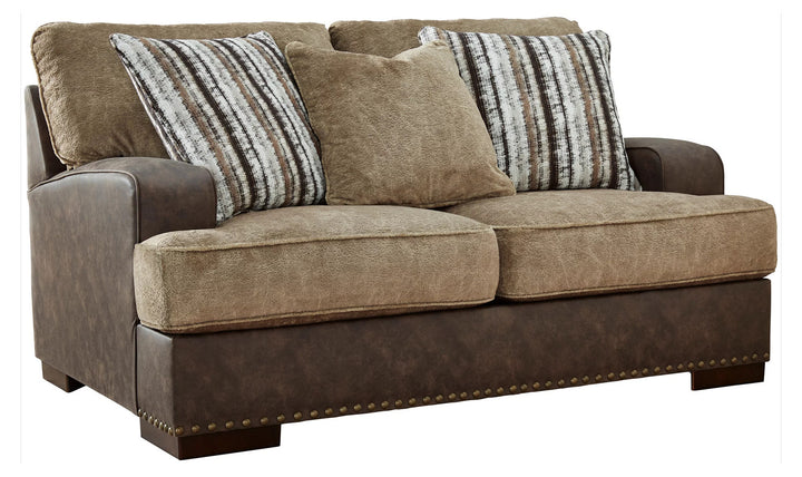 Modern Heritage Alesbury Brown Leather Loveseat with Bronze Nailhead Trim