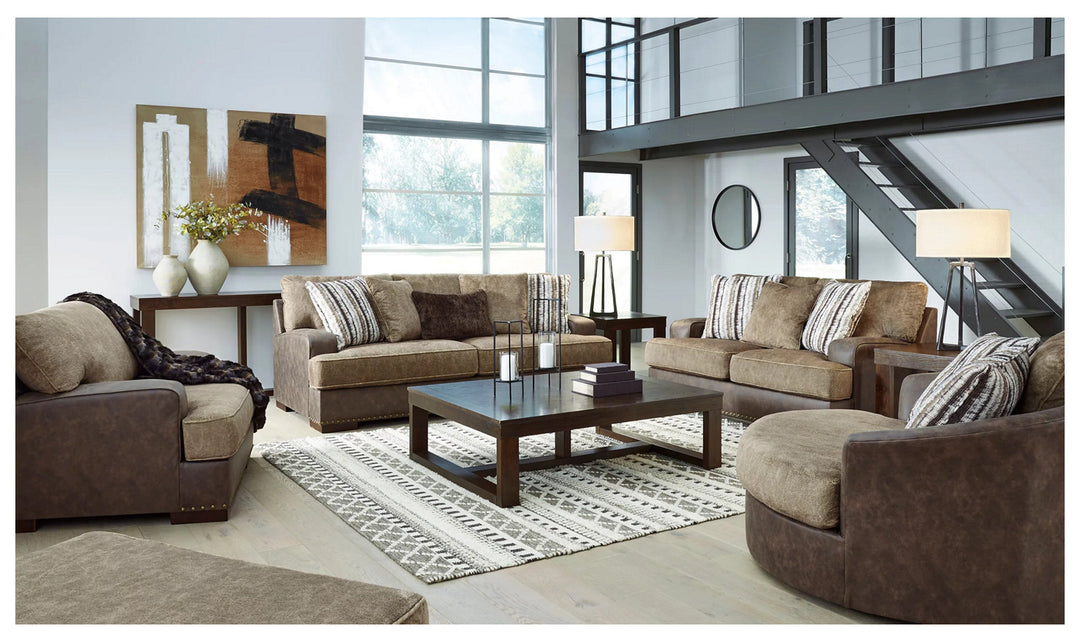 Modern Heritage Alesbury Brown Leather Loveseat with Bronze Nailhead Trim