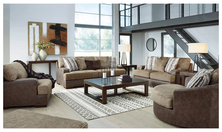 Modern Heritage Alesbury Brown Leather Loveseat with Bronze Nailhead Trim