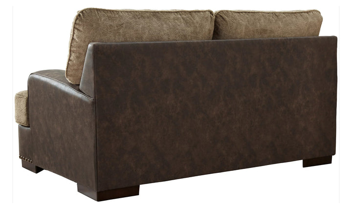 Modern Heritage Alesbury Brown Leather Loveseat with Bronze Nailhead Trim