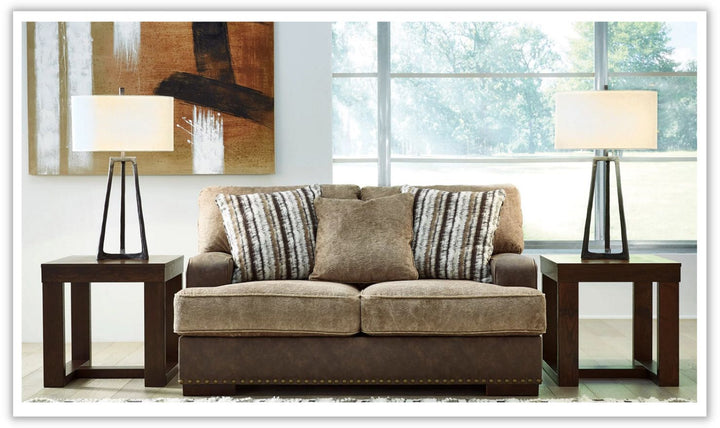 Modern Heritage Alesbury Brown Leather Loveseat with Bronze Nailhead Trim