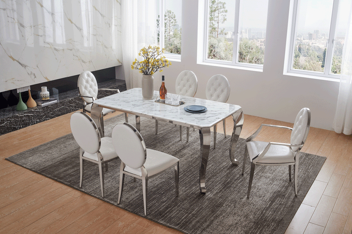 ESF Italia Antoine White Marble Top Dining Table with Stainless Steel Legs