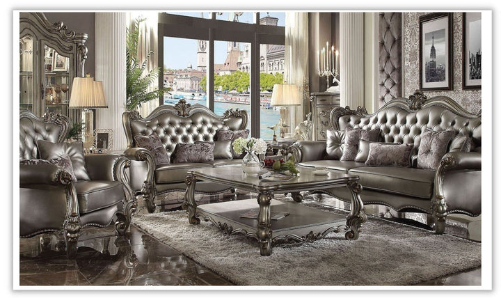 ACME Versailles Tufted Back Leather Living Room Set in Silver Finish