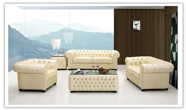 ESF Furniture Coiffe Tufted Back Leather Living Room Set in Ivory