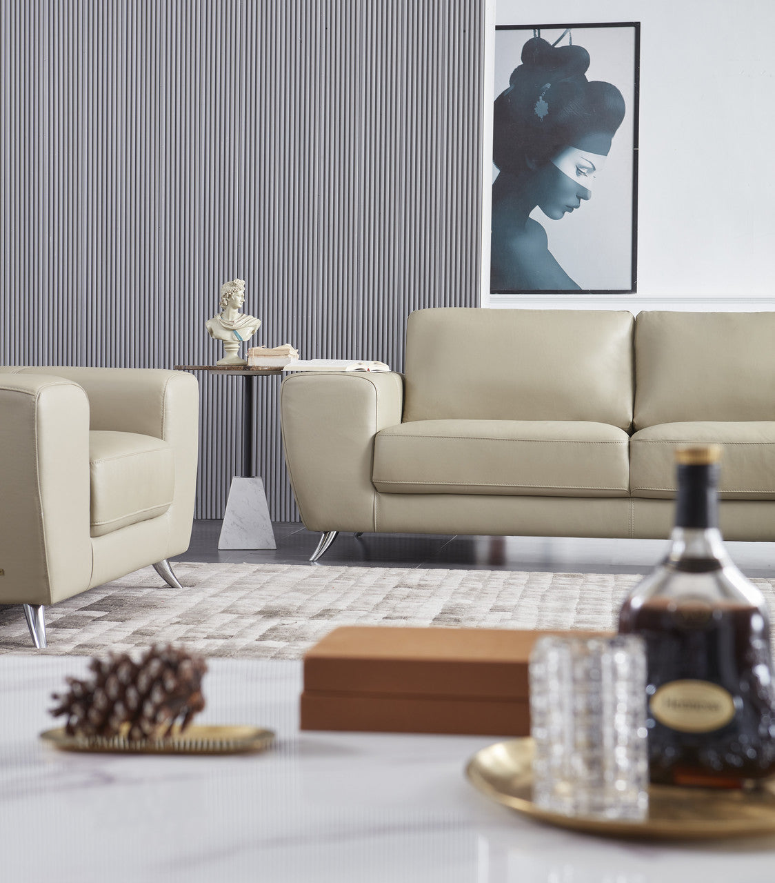 Julie Stationary Leather Sofa with Exposed Chrome Legs – Jennifer