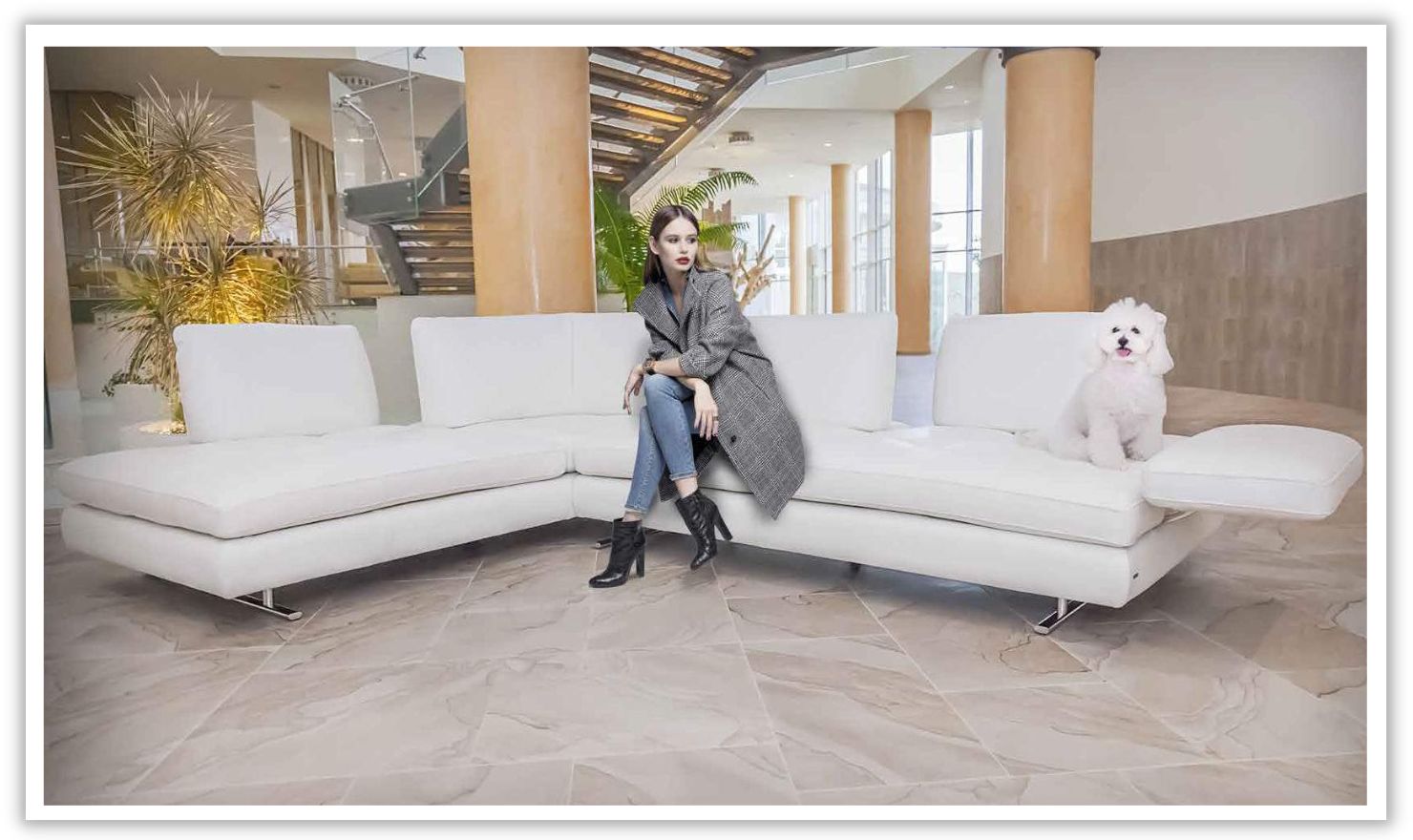 Nicoletti Italia Luna L Shape Leather Chaise Sectional Sofa in Arctic White