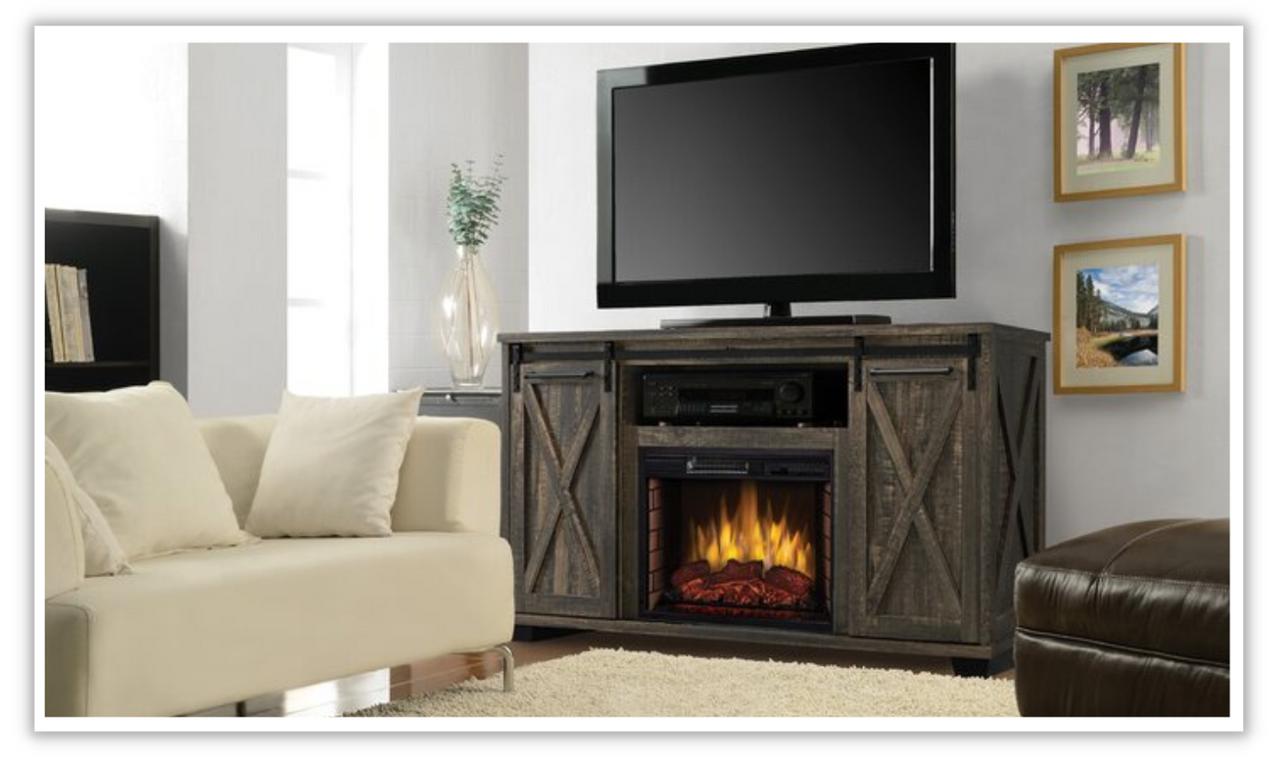 Ryan 58" TV Stand with Infrared Fireplace in Rustic Brown Finish-Tv Stands-Jennifer Furniture