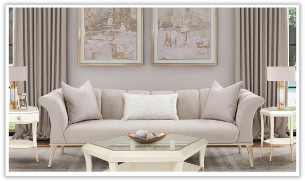 AICO Yvette 3-Seater Tufted Fabric Sofa with Rolled Arms in Medium Champagne