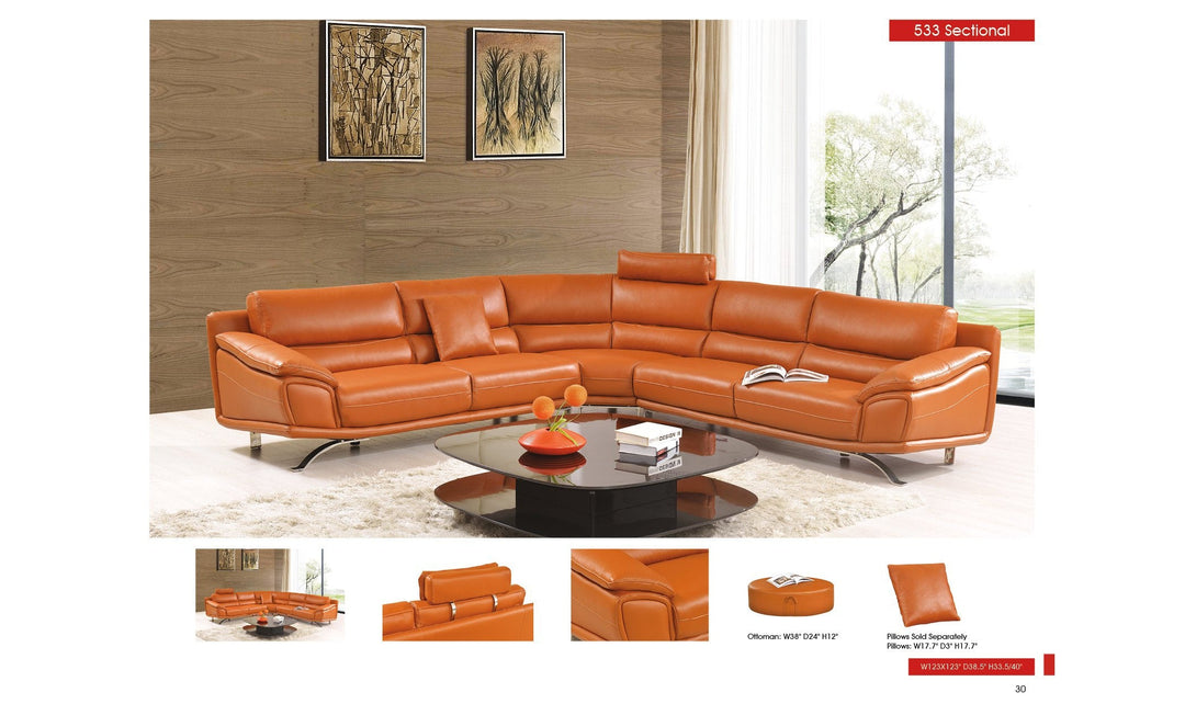 Arrow Modern L-shaped Leather Sectional in Orange