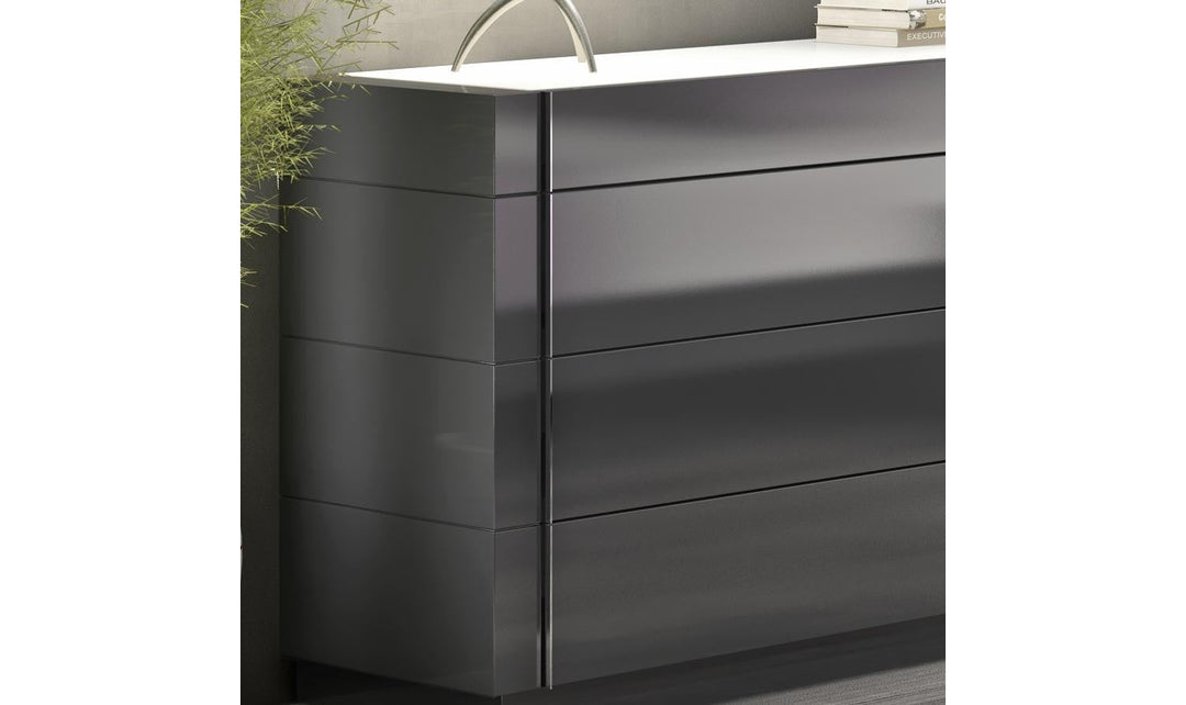 Jennifer Italia Volutes 4-Drawer Glass Top Dresser in Gray Jennifer Italia Volutes 4-Drawer Glass Top Dresser in Gray