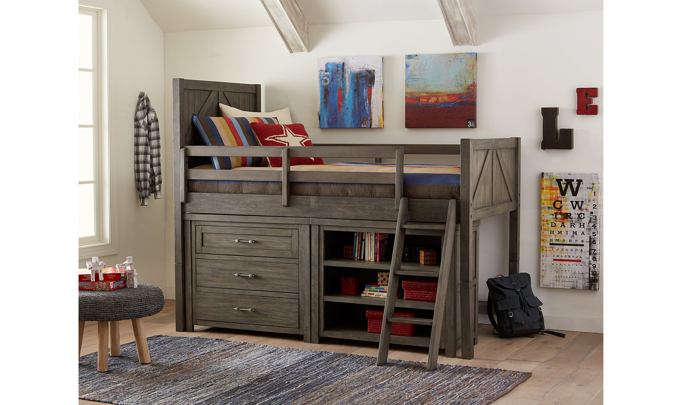 Bunkhouse Complete Mid Loft Bed with Single Dresser and Bookcase, Twin-Beds-Jennifer Furniture