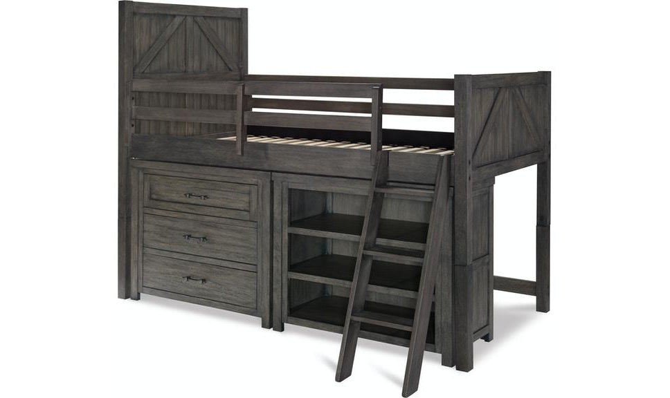 Bunkhouse Mid Loft Bed with Single Dresser and Bookcase, Twin-Beds-Jennifer Furniture