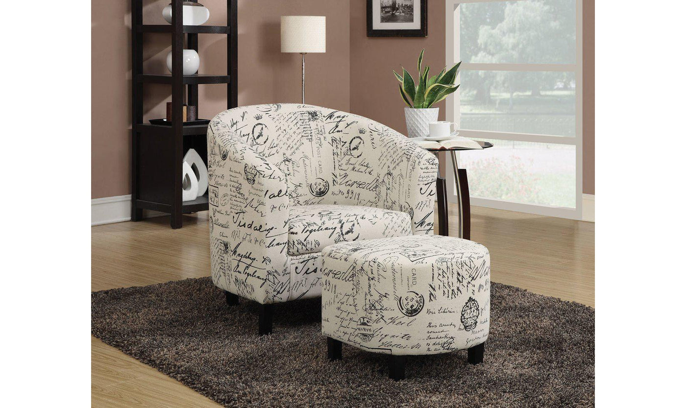 OFF WHITE FRENCH SCRIPT PATTERN ACCENT CHAIR/OTTOMAN-Accent Chairs-Jennifer Furniture