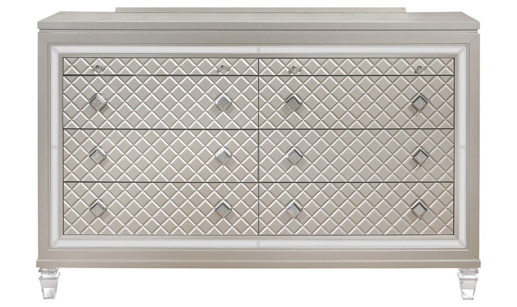 champagne color dresser Elements Platinum LT100DR Dresser with Champagne Finish and Mirror Trim | Royal Furniture