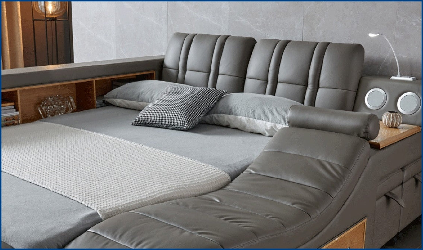 Buy ESF Italia Tesla Gray Leather Bed w/Chaise and Storage Online