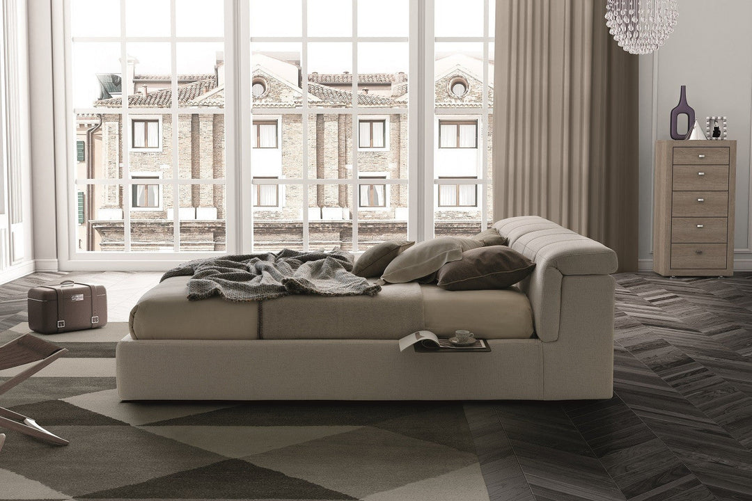 Bed frame mechanism showing lift-storage under mattress