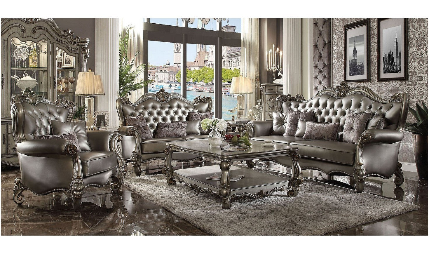ACME Versailles Tufted Back Leather Living Room Set in Silver